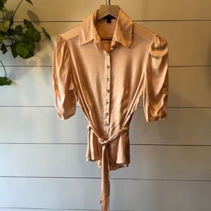 Bebe silky jeweled button down shirt with belt. Size large